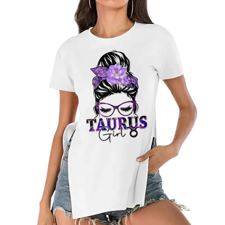Taurus Girl Birthday Messy Bun Hair Purple Floral   Women's Short Sleeves T-shirt With Hem Split