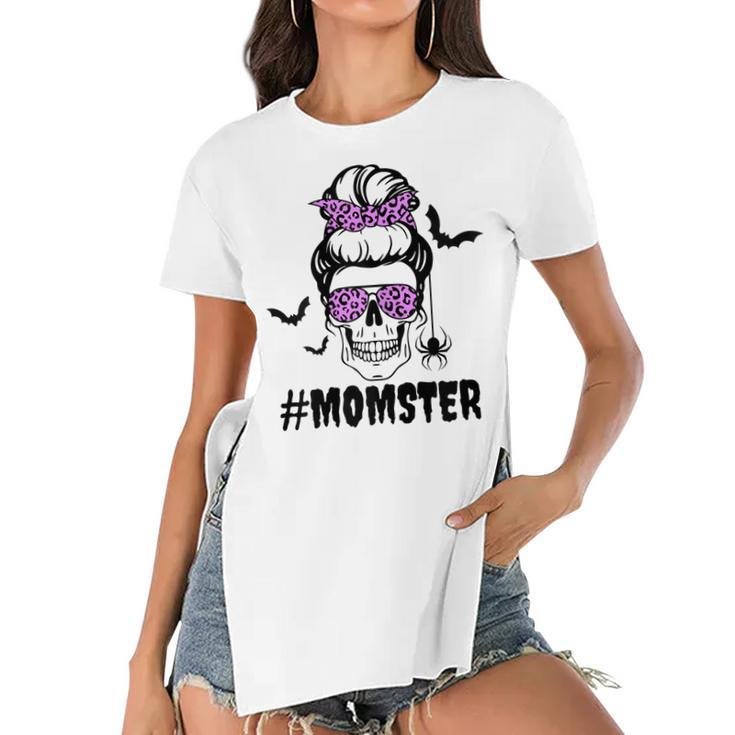 Womens Momster  Funny Halloween Costume Skull Mom Messy Bun  Women's Short Sleeves T-shirt With Hem Split