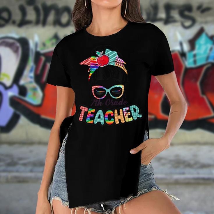 7Th Grade Teacher Funny Messy Bun Hair Women  Women's Short Sleeves T-shirt With Hem Split