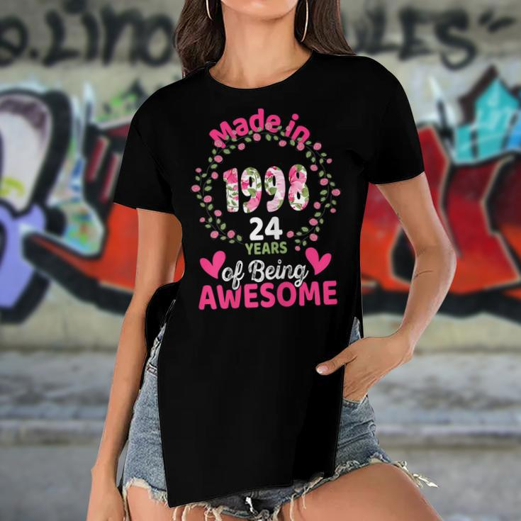24 Years Old 24Th Birthday Born In 1998 Women Girls Floral Women's Short Sleeves T-shirt With Hem Split