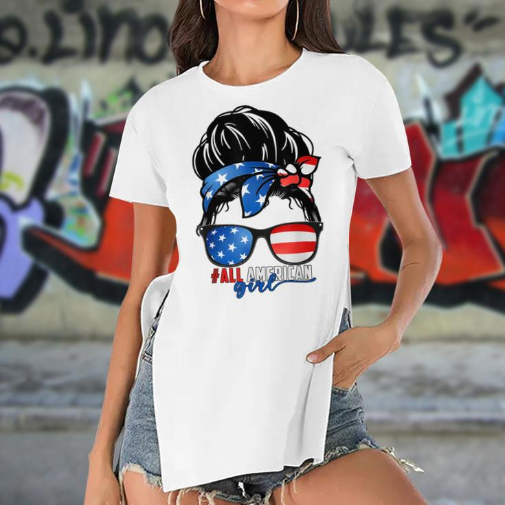 All American Girl 4Th Of July Daughter Messy Bun Usa Women's Short Sleeves T-shirt With Hem Split