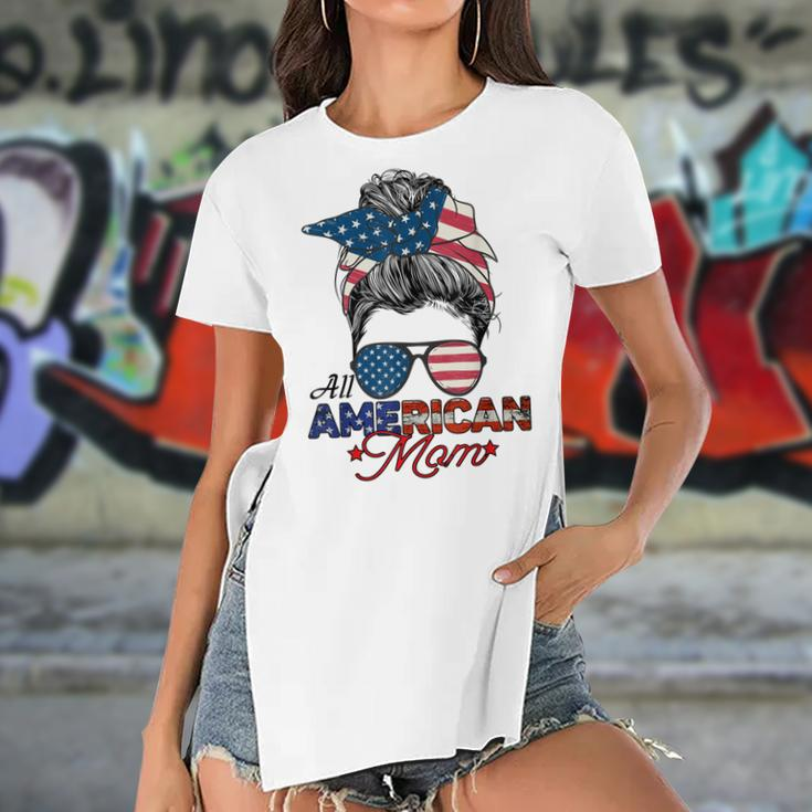 All American Mom 4Th July Messy Bun Us Flag Women's Short Sleeves T-shirt With Hem Split