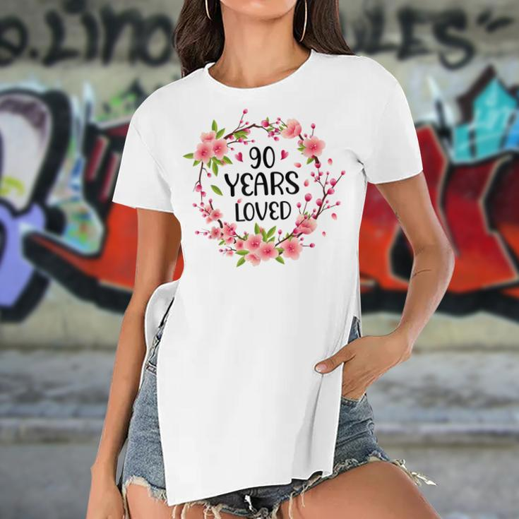 Floral 90 Year Old 90Th Birthday Women 90 Years Loved Women's Short Sleeves T-shirt With Hem Split