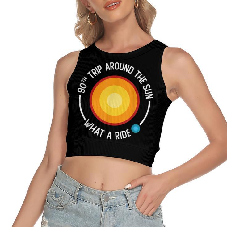 90Th Birthday Retro 90Th Trip Around The Sun What A Ride  Women's Sleeveless Bow Backless Hollow Crop Top