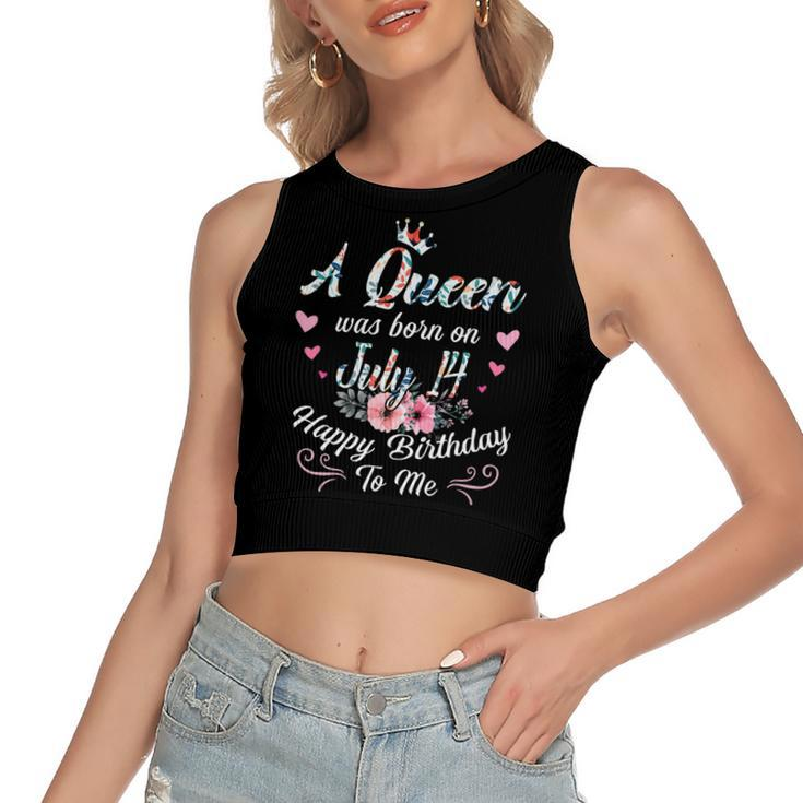 A Queen Was Born On July 14 Happy Birthday To Me Floral   Women's Sleeveless Bow Backless Hollow Crop Top