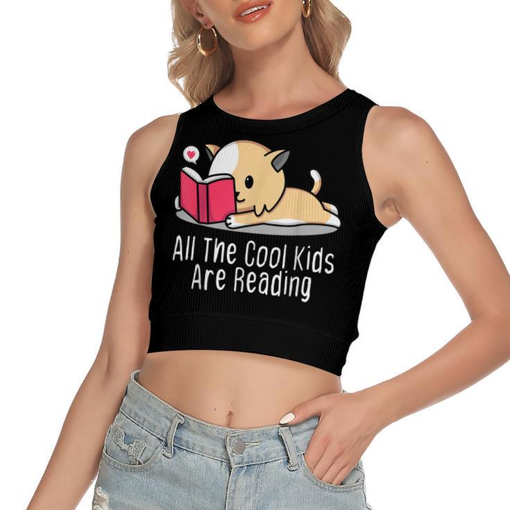 All The Cool Kids Are Reading  Book Cat Lovers  Women's Sleeveless Bow Backless Hollow Crop Top