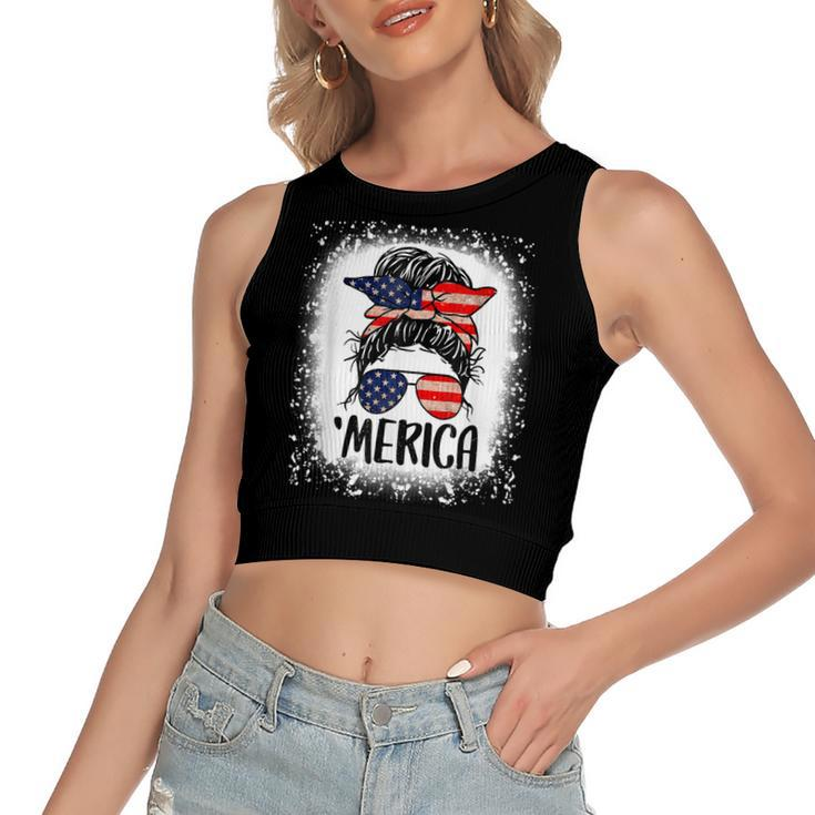 Bleached Merica 4Th Of July Girl Sunglasses Messy Bun  Women's Sleeveless Bow Backless Hollow Crop Top