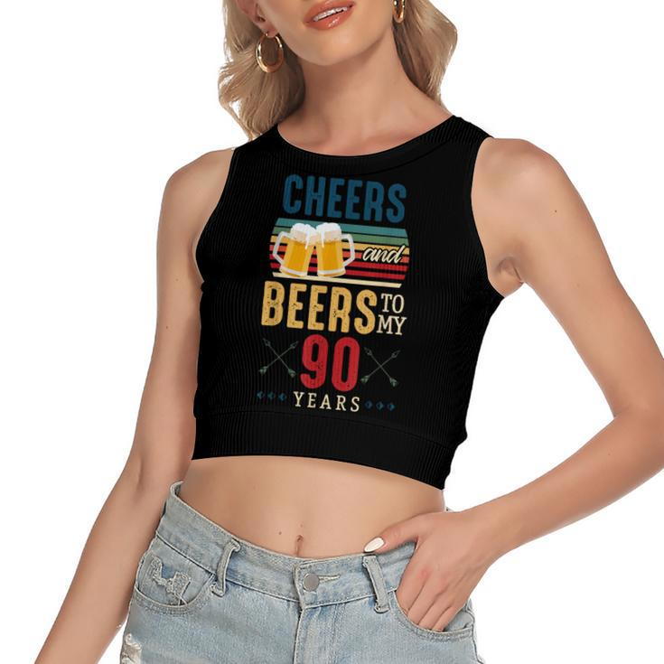 Cheers And Beers To My 90 Years 90Th Birthday  Women's Sleeveless Bow Backless Hollow Crop Top