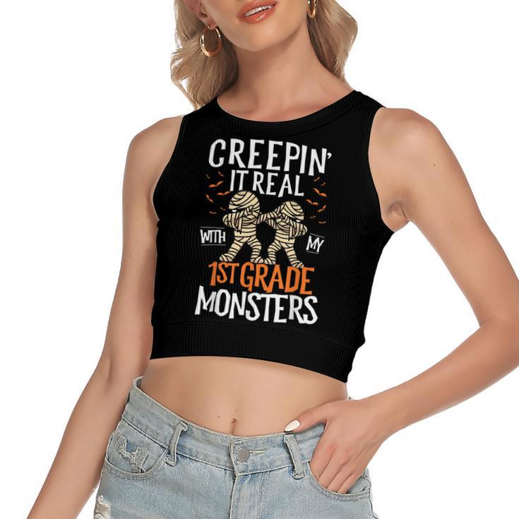 Creepin It Real With My 1St Grade Monsters Halloween Teacher School Women's Sleeveless Bow Backless Hollow Crop Top