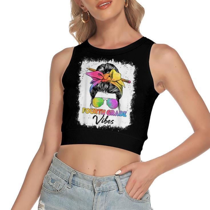 Funny 4Th Grade Vibes Messy Bun Back To School Kids Girls  Women's Sleeveless Bow Backless Hollow Crop Top
