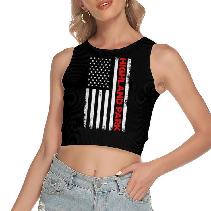 Highland Park Illinois United State Flag Vintage Style  V2 Women's Sleeveless Bow Backless Hollow Crop Top