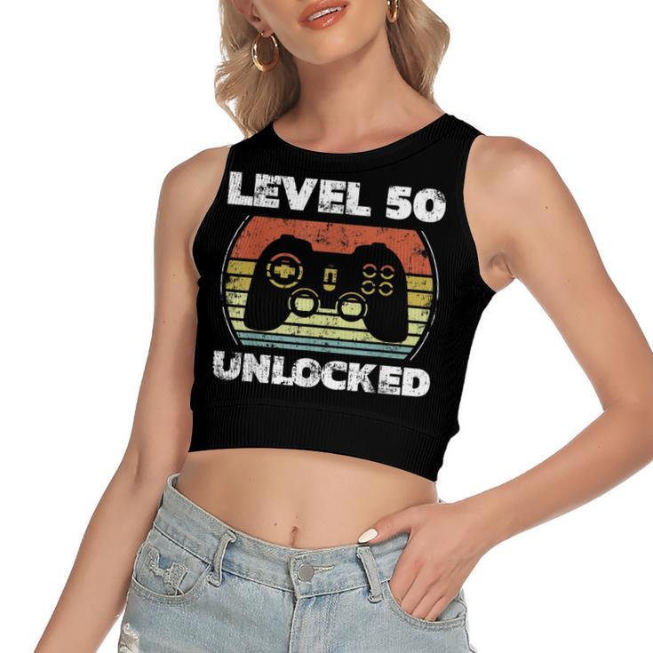 Level 50 Unlocked Funny Video Gamer 50Th Birthday  Women's Sleeveless Bow Backless Hollow Crop Top