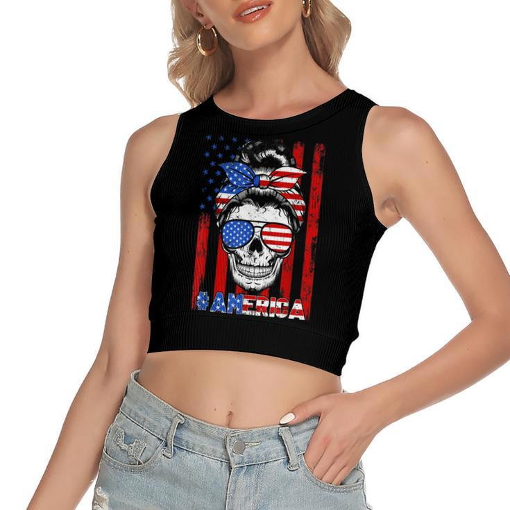 Messy Bun Skull America Flag Glasses 4Th Of July Patriotic  Women's Sleeveless Bow Backless Hollow Crop Top