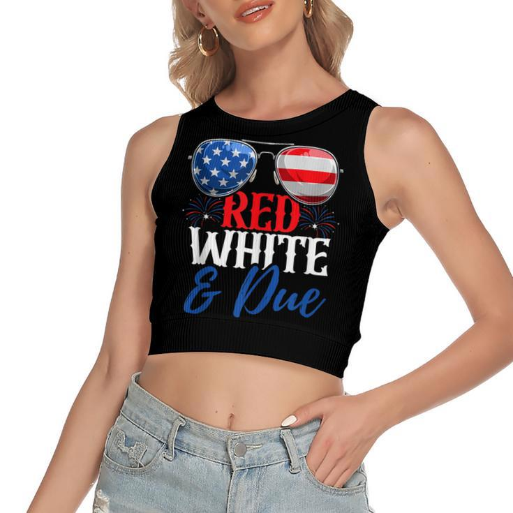 Red White And Due 4Th Of July Pregnancy Announcement Flag  Women's Sleeveless Bow Backless Hollow Crop Top