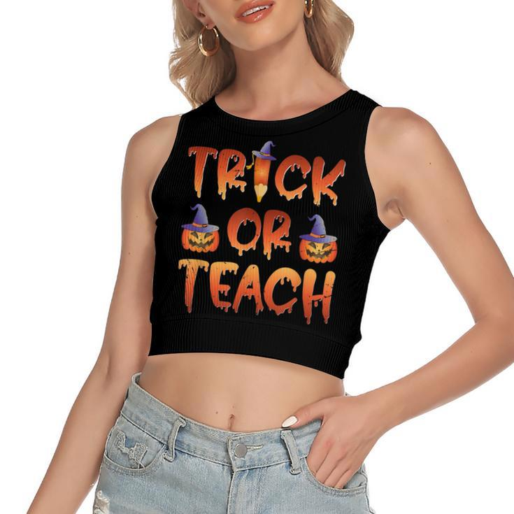 Trick Or Teach  Cute Halloween Costume School Teacher  Women's Sleeveless Bow Backless Hollow Crop Top