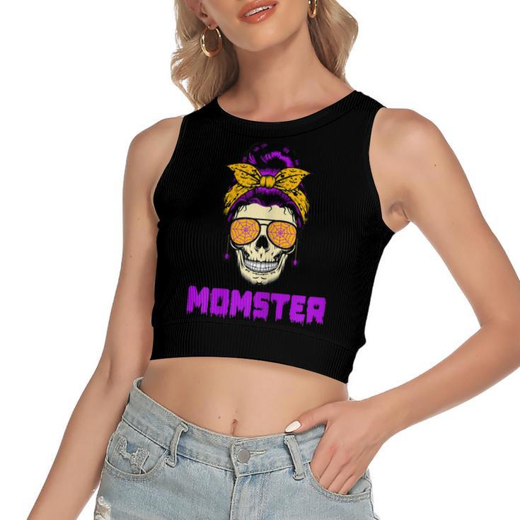 Womens Messy Bun Halloween Costume Monster Mom Momster  Women's Sleeveless Bow Backless Hollow Crop Top