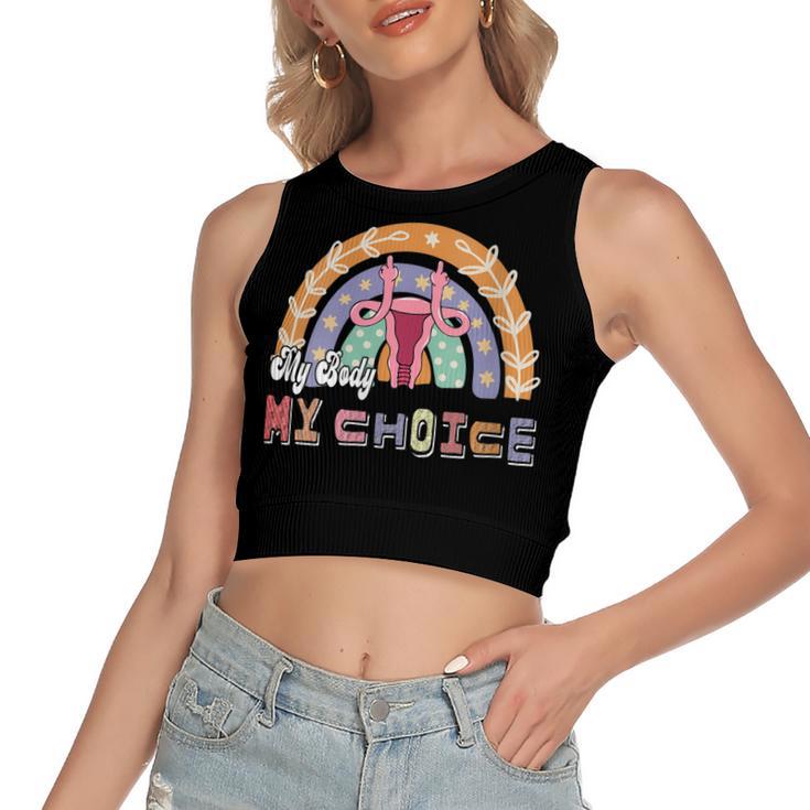 Womens Uterus My Body My Choice Pro Choice Leopard Rainbow  Women's Sleeveless Bow Backless Hollow Crop Top