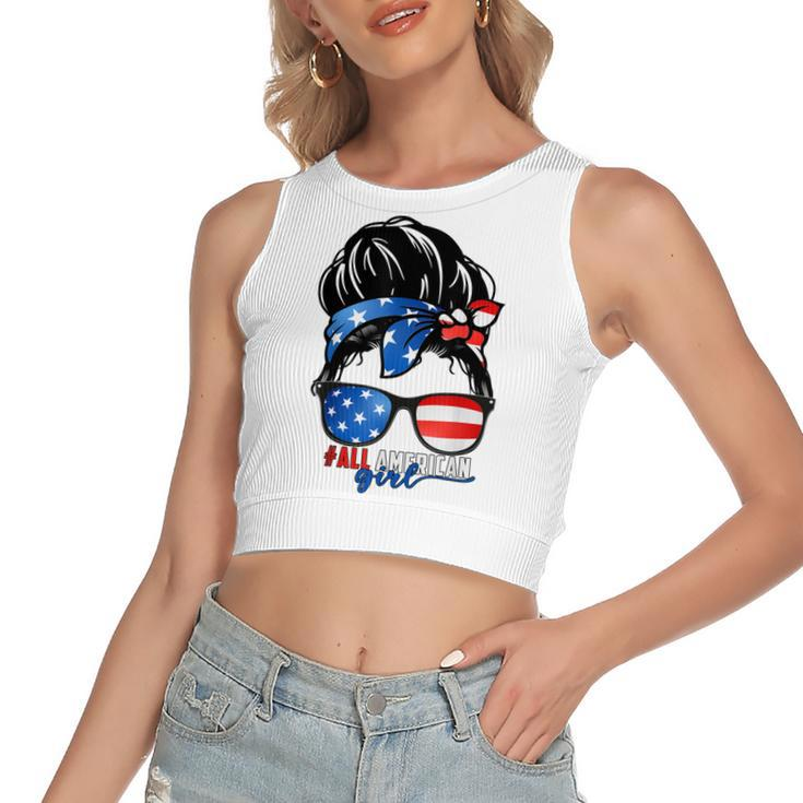 All American Girl 4Th Of July  Daughter Messy Bun Usa  Women's Sleeveless Bow Backless Hollow Crop Top