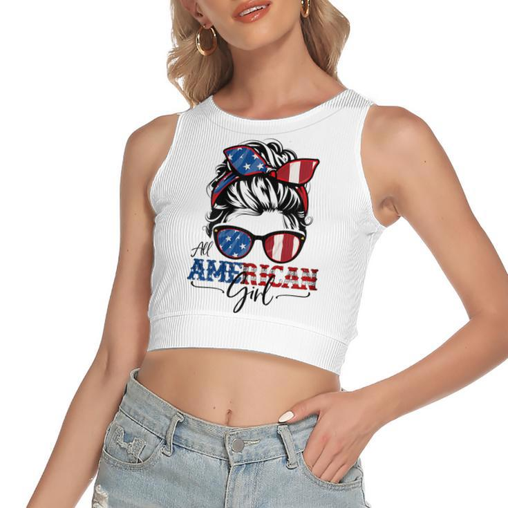 All American Girl 4Th Of July  Women Messy Bun Usa Flag  V2 Women's Sleeveless Bow Backless Hollow Crop Top