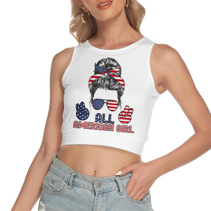 All American Girl Messy Bun American Flag 4Th Of July  V2 Women's Sleeveless Bow Backless Hollow Crop Top