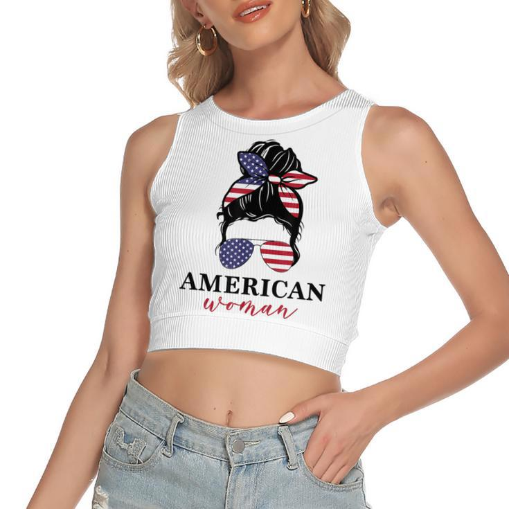 All American Girl Messy Bun Flag 4Th Of July Sunglasses  Women's Sleeveless Bow Backless Hollow Crop Top