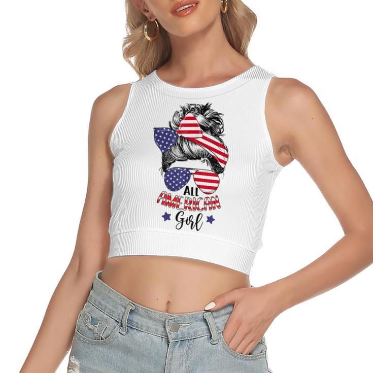 All American Girl Messy Bun Usa Flag Patriotic 4Th Of July  V2 Women's Sleeveless Bow Backless Hollow Crop Top
