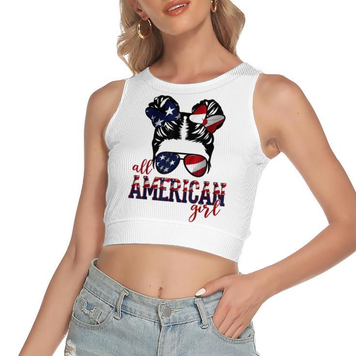 All American Girl Messy Hair Bun Woman Patriotic 4Th Of July  V2 Women's Sleeveless Bow Backless Hollow Crop Top