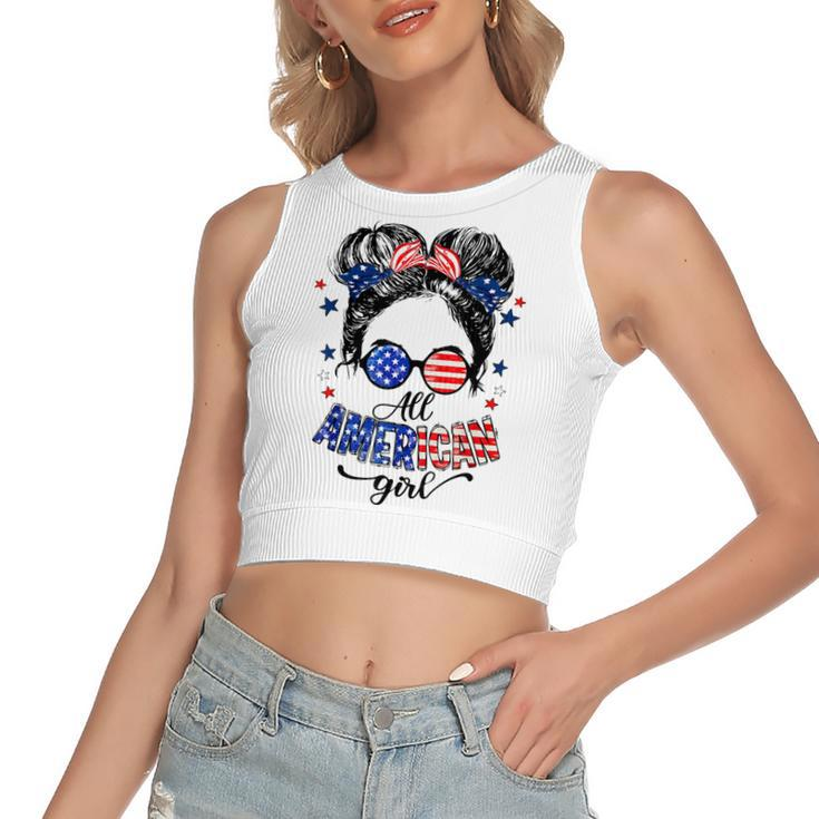 All American Girls 4Th Of July  Daughter Messy Bun Usa  V4 Women's Sleeveless Bow Backless Hollow Crop Top