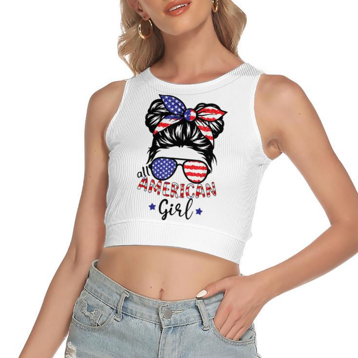 All American Girls 4Th Of July  Daughter Messy Bun Usa  V5 Women's Sleeveless Bow Backless Hollow Crop Top