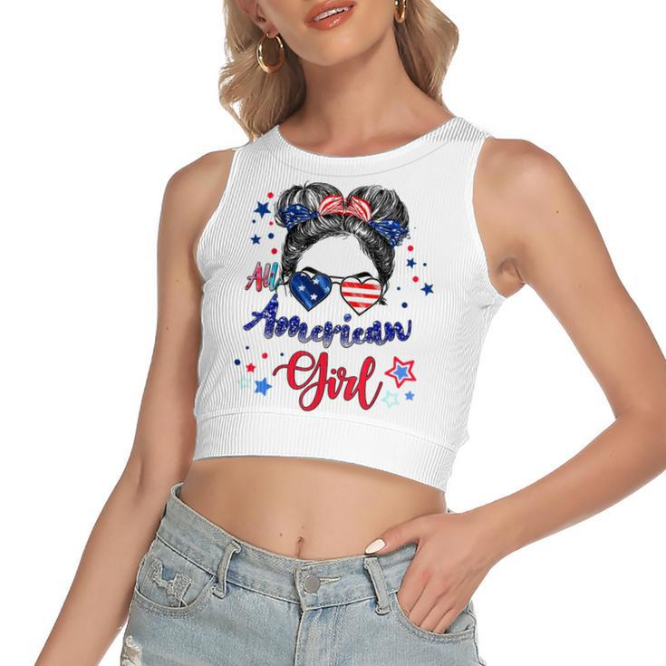 All American Girls 4Th Of July  Daughter Messy Bun Usa  V7 Women's Sleeveless Bow Backless Hollow Crop Top