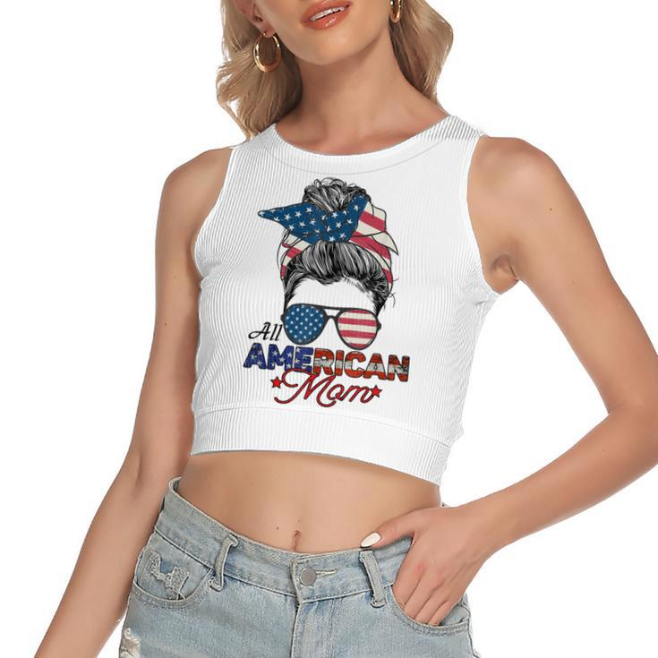 All American Mom 4Th July Messy Bun Us Flag  Women's Sleeveless Bow Backless Hollow Crop Top