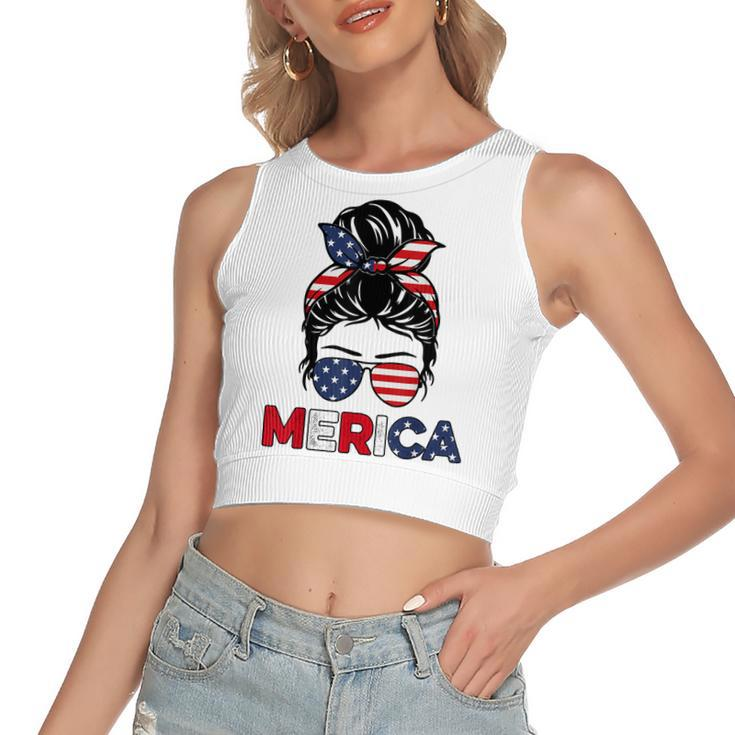 Merica Mom Girl American Flag Messy Bun Hair 4Th Of July Usa  V2 Women's Sleeveless Bow Backless Hollow Crop Top