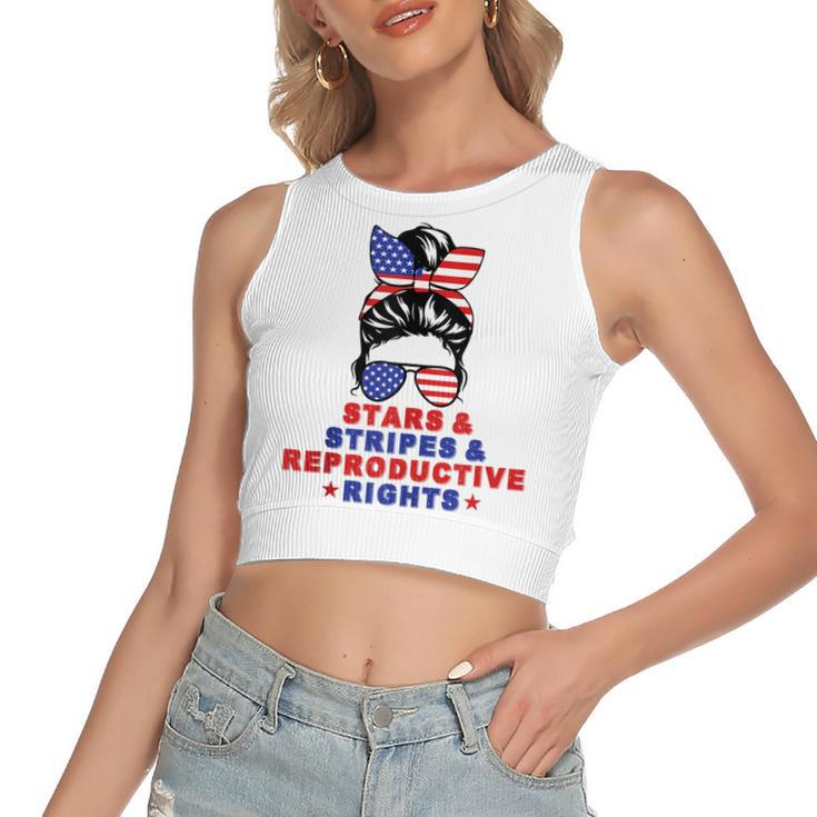 Messy Bun Stars Stripes & Reproductive Rights 4Th Of July  Women's Sleeveless Bow Backless Hollow Crop Top