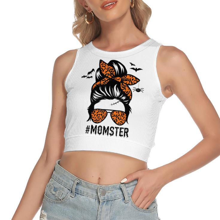 Mom Messy Bun Halloween Leopard Womens Momster Funny Spooky  Women's Sleeveless Bow Backless Hollow Crop Top