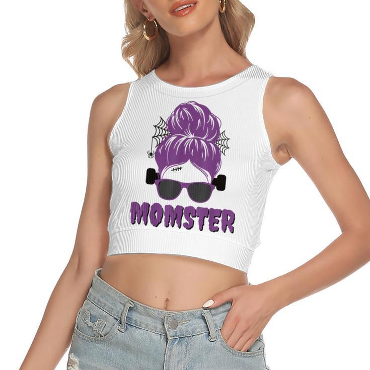 Momster Frankenstein Messy Bun Funny Mom Halloween Costume  Women's Sleeveless Bow Backless Hollow Crop Top