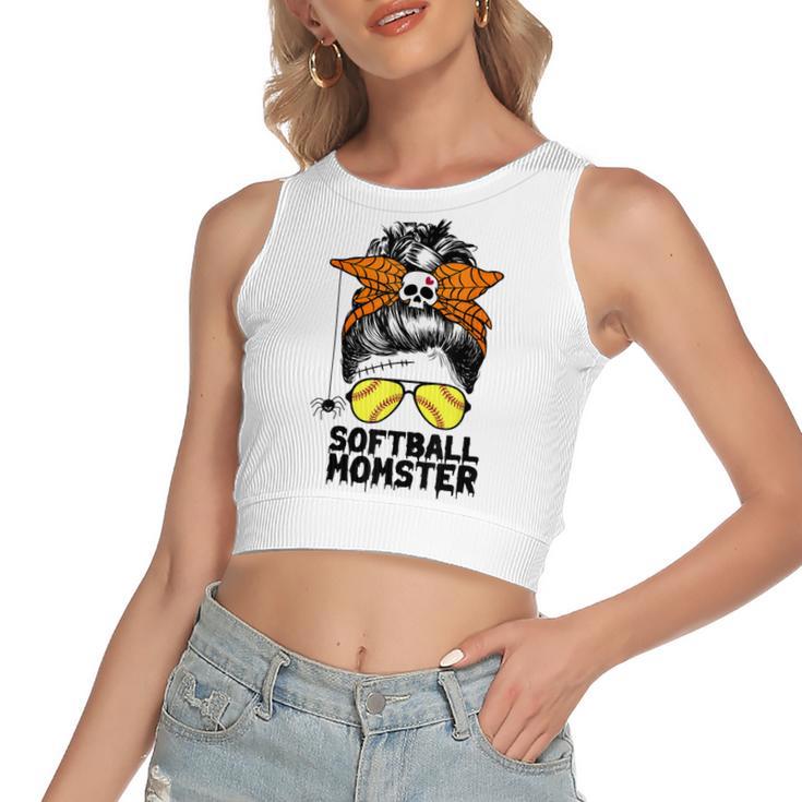 Softball Mom Life Messy Bun Halloween Women Softball Momster Women's Sleeveless Bow Backless Hollow Crop Top