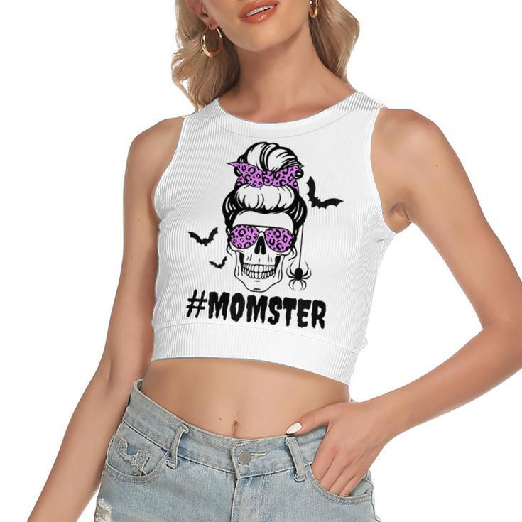 Womens Momster  Funny Halloween Costume Skull Mom Messy Bun  Women's Sleeveless Bow Backless Hollow Crop Top
