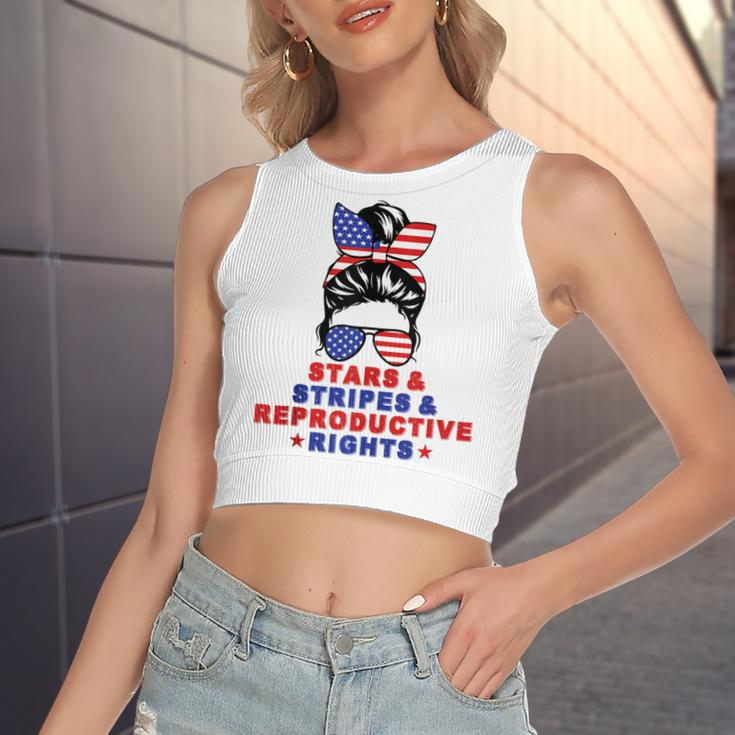 Messy Bun Stars Stripes & Reproductive Rights 4Th Of July Women's Sleeveless Bow Backless Hollow Crop Top