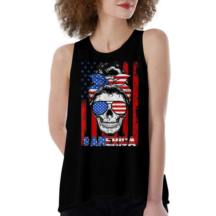 Messy Bun Skull America Flag Glasses 4Th Of July Patriotic  Women's Loose Fit Open Back Split Tank Top