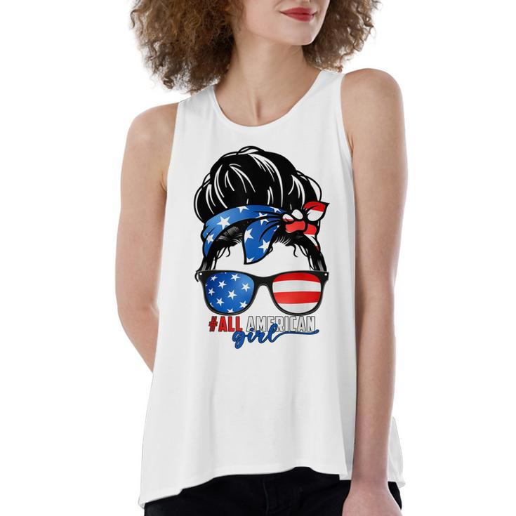 All American Girl 4Th Of July  Daughter Messy Bun Usa  Women's Loose Fit Open Back Split Tank Top