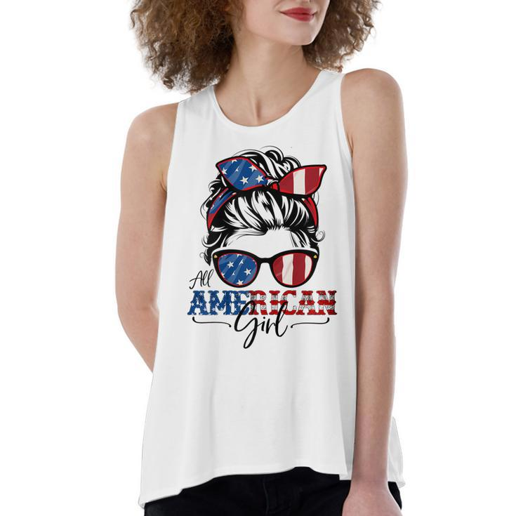 All American Girl 4Th Of July  Women Messy Bun Usa Flag  V2 Women's Loose Fit Open Back Split Tank Top