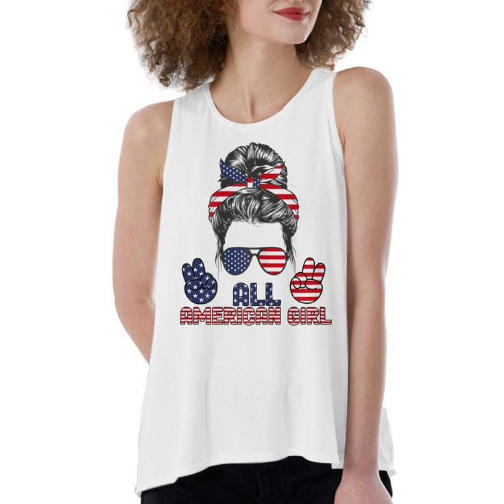 All American Girl Messy Bun American Flag 4Th Of July  V2 Women's Loose Fit Open Back Split Tank Top