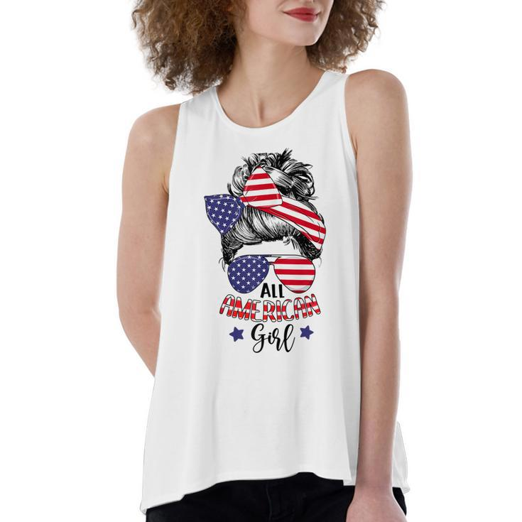 All American Girl Messy Bun Usa Flag Patriotic 4Th Of July  V2 Women's Loose Fit Open Back Split Tank Top