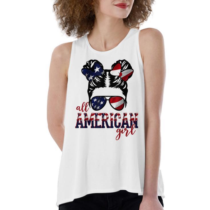 All American Girl Messy Hair Bun Woman Patriotic 4Th Of July  V2 Women's Loose Fit Open Back Split Tank Top