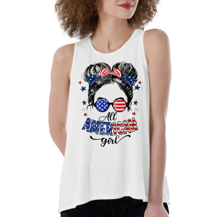All American Girls 4Th Of July  Daughter Messy Bun Usa  V4 Women's Loose Fit Open Back Split Tank Top