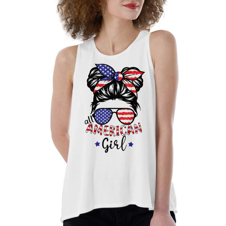 All American Girls 4Th Of July  Daughter Messy Bun Usa  V5 Women's Loose Fit Open Back Split Tank Top