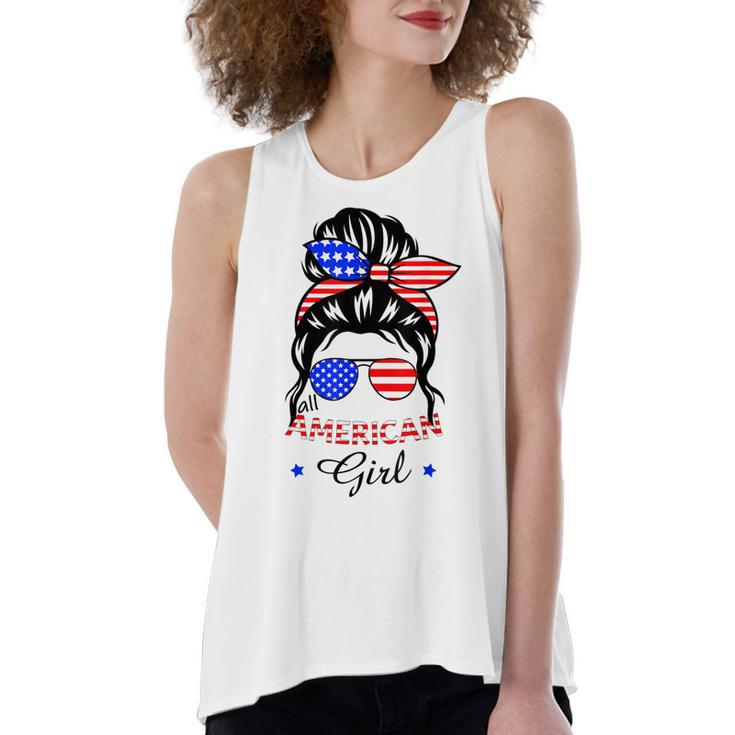 All American Girls 4Th Of July Daughter Messy Bun Usa  V6 Women's Loose Fit Open Back Split Tank Top