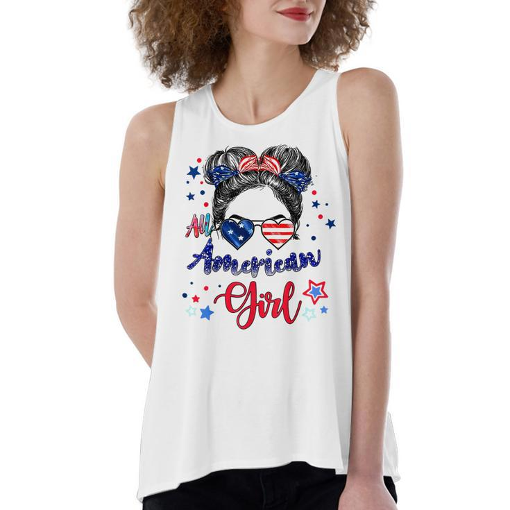All American Girls 4Th Of July  Daughter Messy Bun Usa  V7 Women's Loose Fit Open Back Split Tank Top