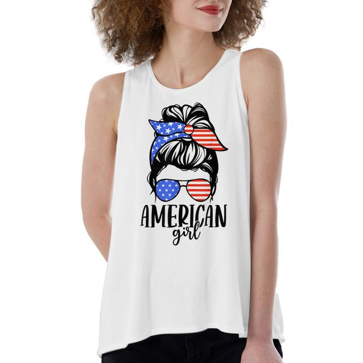 American Girl Messy Hair Bun Usa Flag Patriotic 4Th Of July  Women's Loose Fit Open Back Split Tank Top