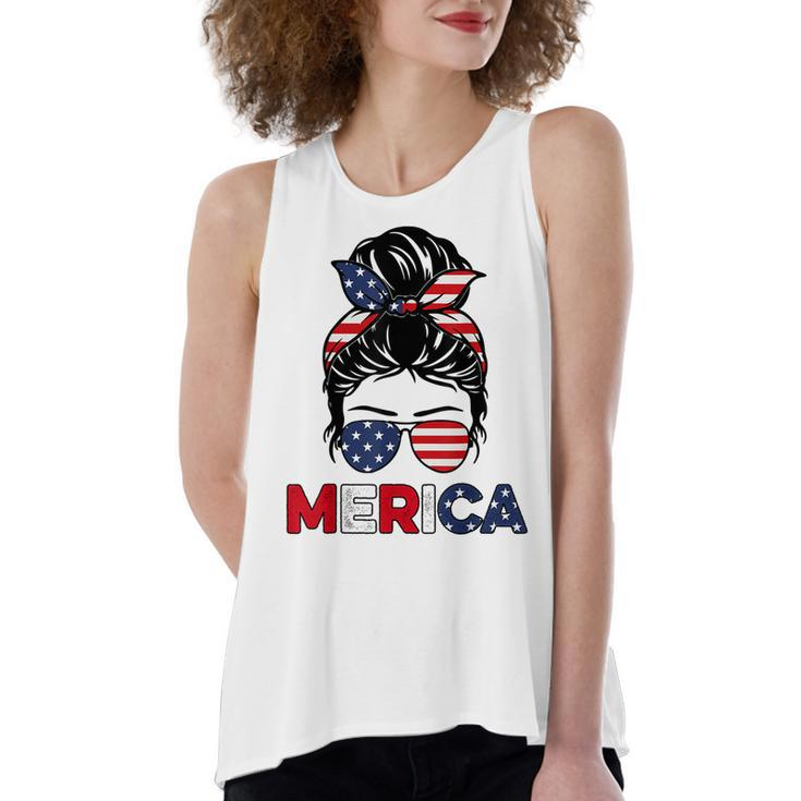 Merica Mom Girl American Flag Messy Bun Hair 4Th Of July Usa  V2 Women's Loose Fit Open Back Split Tank Top